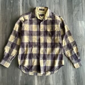 Vintage Wool Flannel Shirt Men's Size M Purple Tan DISTRESSED 1980s Button Up